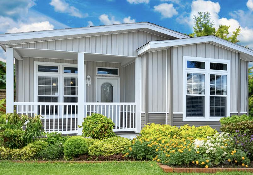Custom manufactured home at sunset